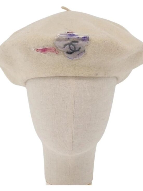 CHANEL Hat Wool Ivory CC Auth 176876A